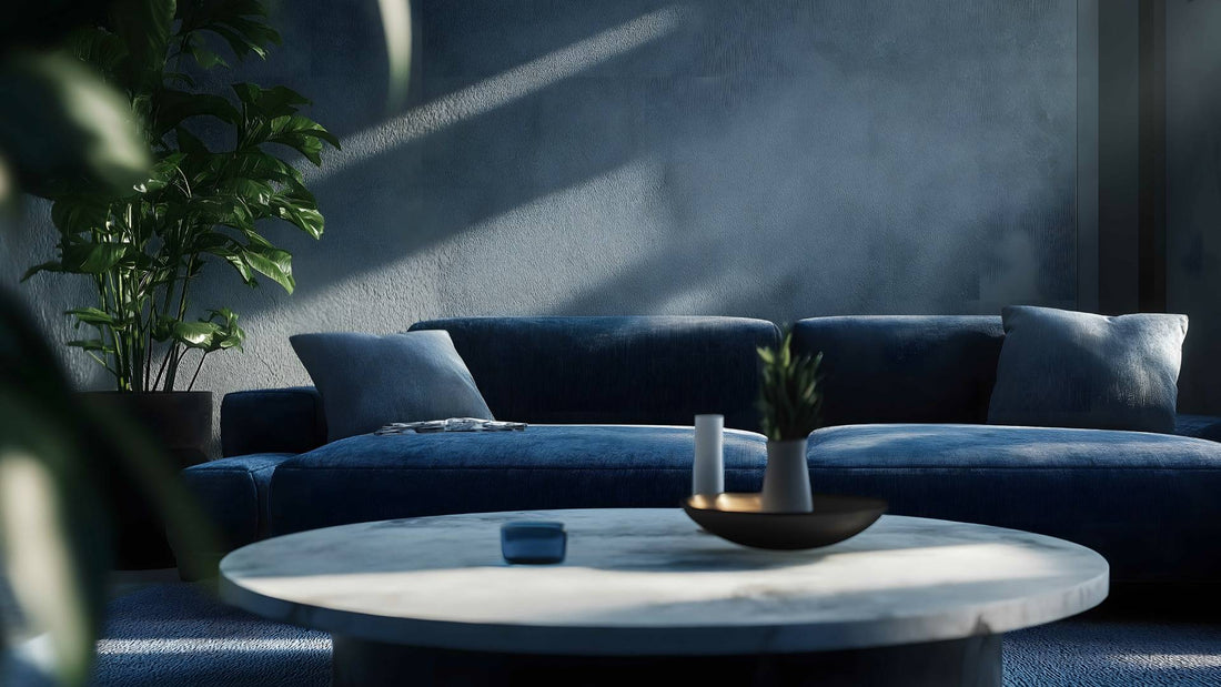 A living room with denim textures and indigo colors at Complete Paint near Petoskey, Michigan (MI)