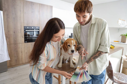 Two young people and a dog looking at color palettes for their kitchen at Complete Paint near Michigan (MI)